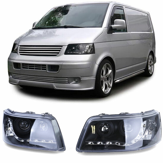 Koplampen met LED dagrijverlichting passend voor VW Transporter T5 model 2003 - 2009